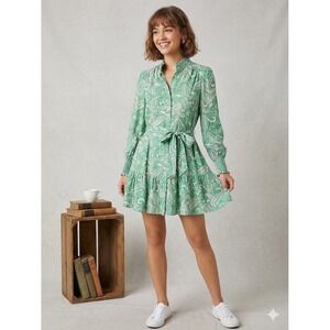Fate Green Paisley Ruffle Neck Button Front Tiered Mini‎ Dress Small NEW
